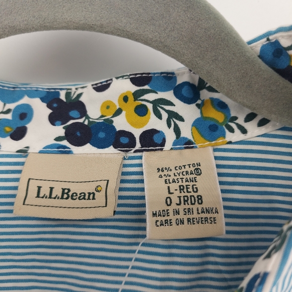 L.L. Bean Striped Button Up Blue/White Shirt Floral Neck/Cuffs Oxford Shirt - Picture 3 of 10